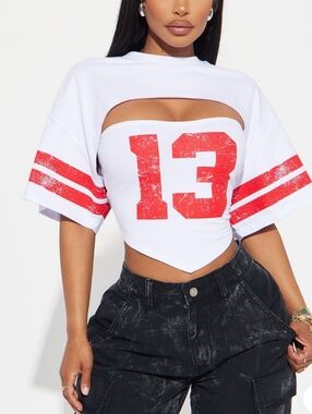 White & Red Cutout Crop Top with Number Graphic